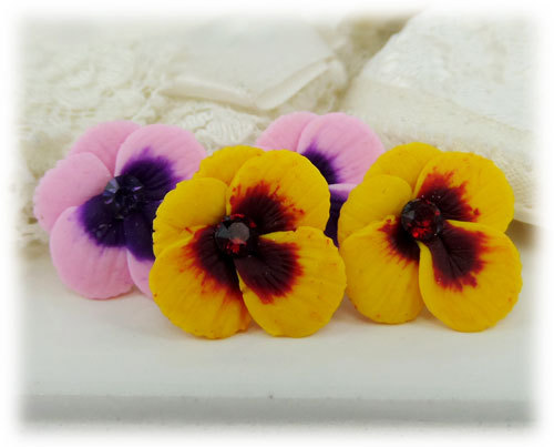 polymer clay flower, Pansy Earrings Stud or Clip On - Pansy Jewelry Collection