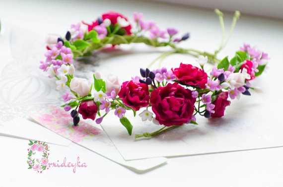 Polymer clay floral necklace ideas with fabulous saturated purple peonies, ivory roses and lilacs Polymer clay floral necklace ideas