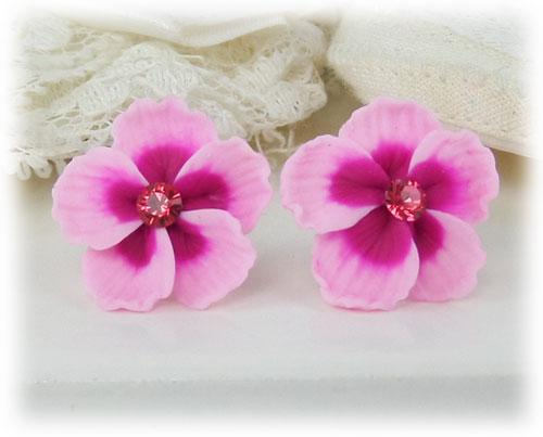 polymer clay flower, Pink Hibiscus Earrings Stud or Clip On - Hibiscus Jewelry Collection