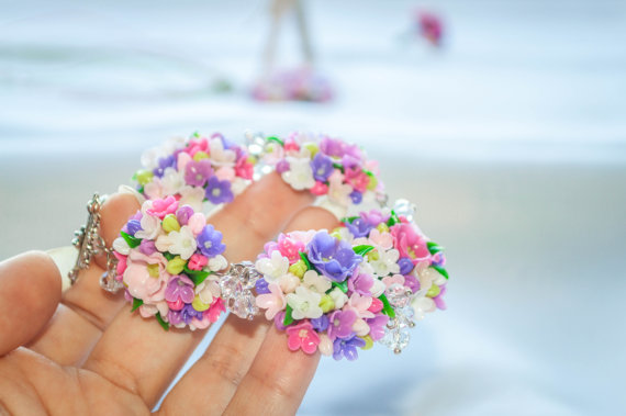 Polymer clay floral bracelets with lilac, white and pink tiny flowers