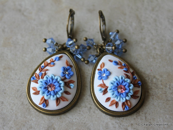 Polymer Clay Applique Floral Statement Earrings in Blue and Brown