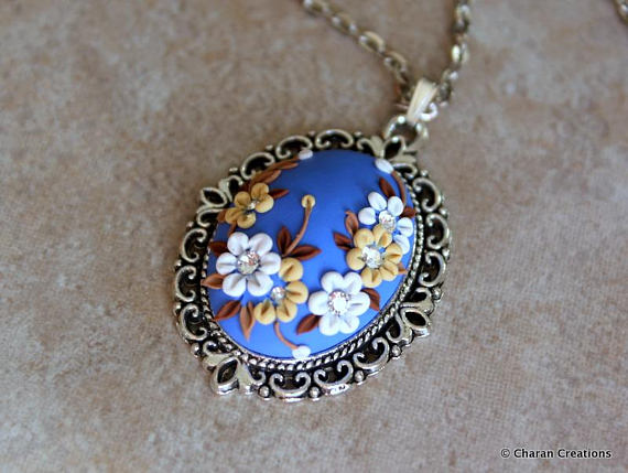 Polymer Clay Applique Statement Pendant Necklace in Blue and White