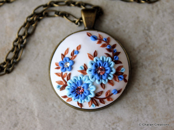 Polymer Clay Floral Applique Pendant Necklace, Statement Necklace, Floral jewelry in Blue and Brown Colors