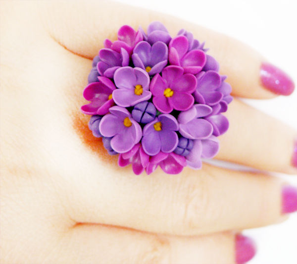 Polymer clay Lilac flowers jewelry - fimo flower ring