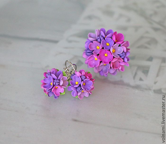 Polymer clay Lilac flowers jewelry - fimo flower set