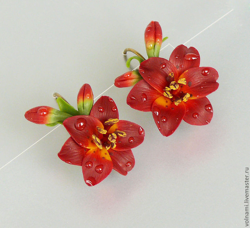 polymer clay lily jewelry, fimo flower earrings