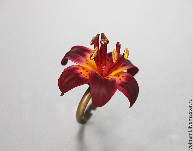 polymer clay lily jewelry, fimo flower ring