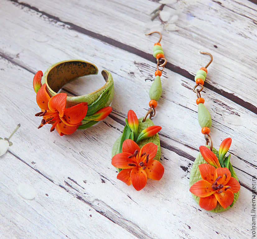 polymer clay lily jewelry, fimo flower set