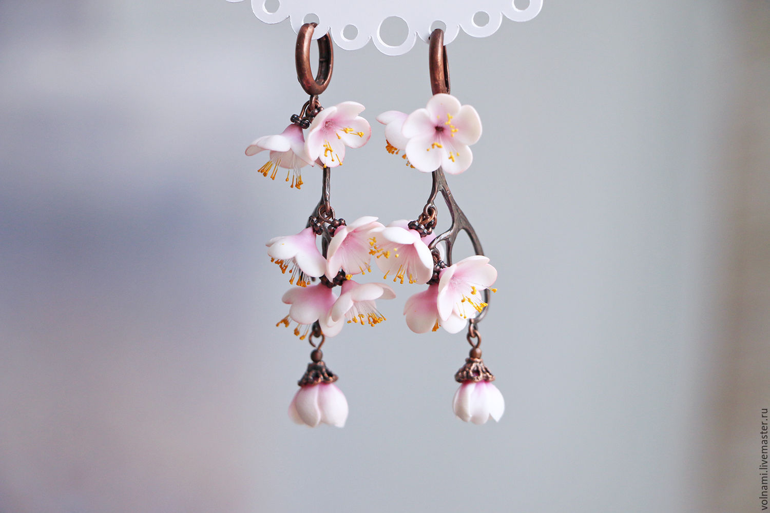 Polymer clay cherry blossoms jewelry - Polymer clay cherry blossoms earrings Polymer clay long flower earrings
