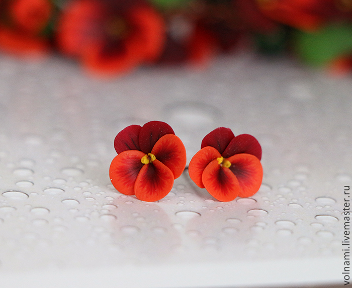 Polymer clay earrings with pansies - red pansies earrings - flower jewelry