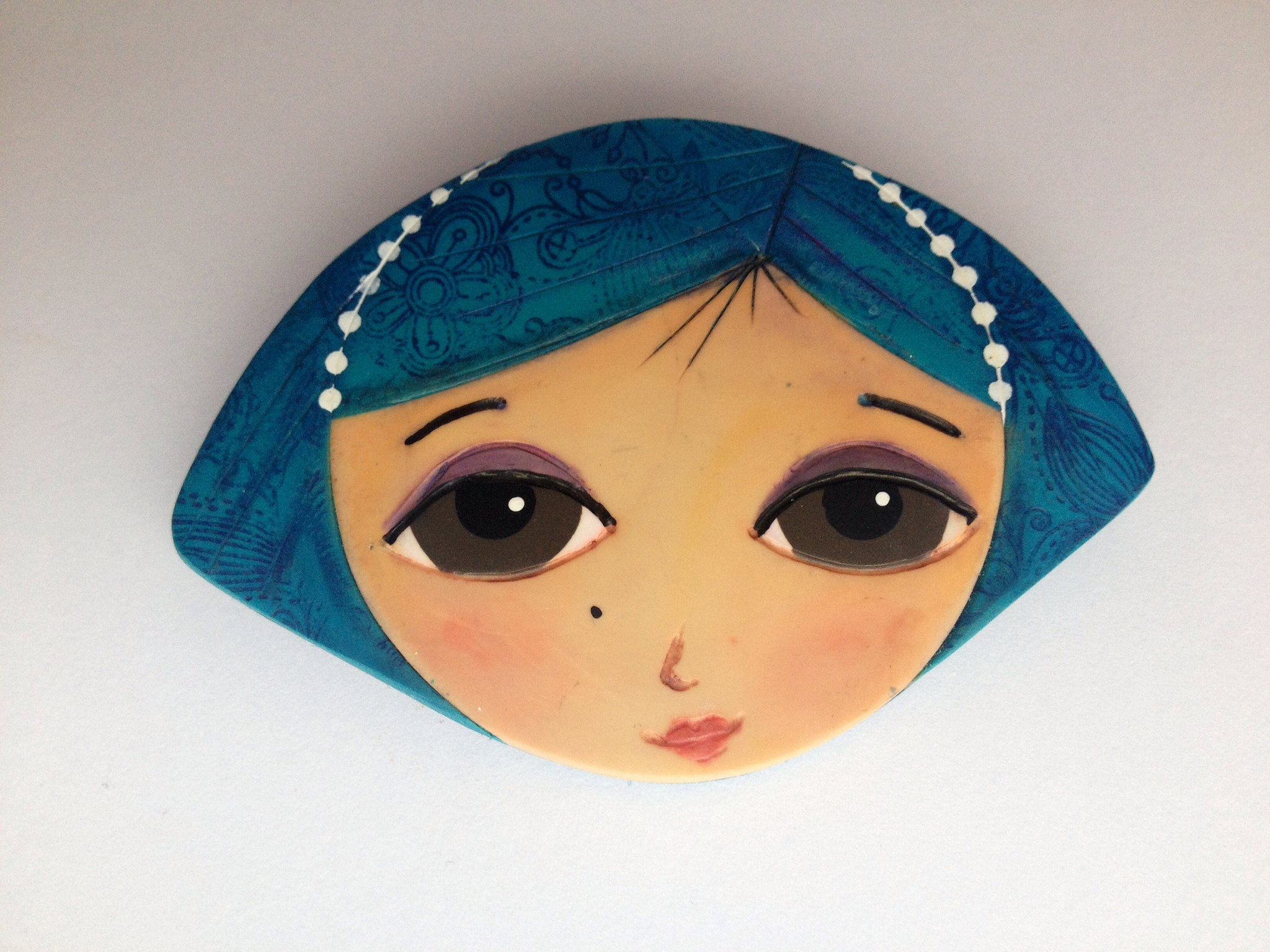 Polymer clay girl face brooch