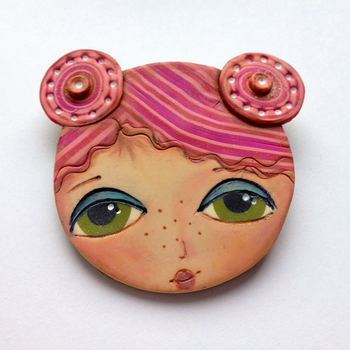 Polymer clay girl face brooch