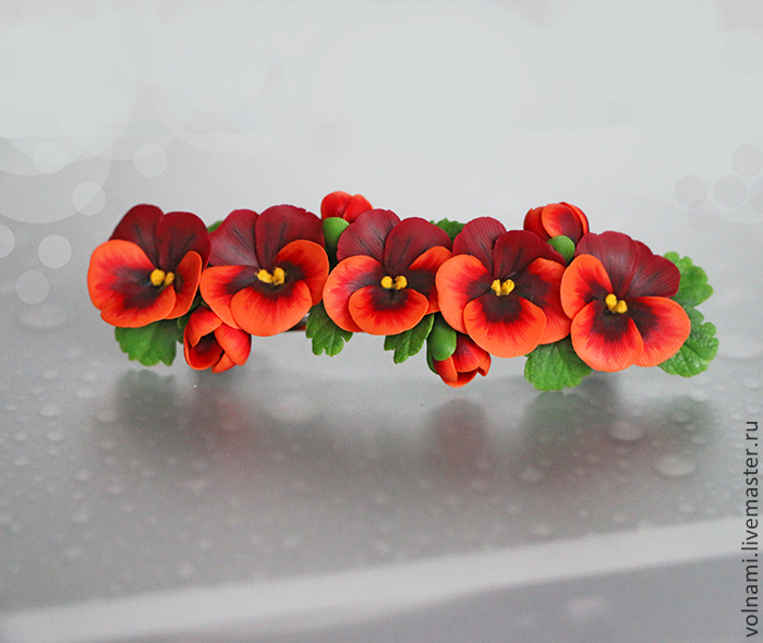 Polymer clay hair comb with pansies - red pansies hair accessories - flower hair comb