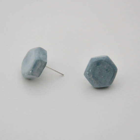 Polymer clay hexagon stud earrings, blue gray hexagon earrings pottery