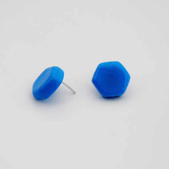 Polymer clay hexagon stud earrings, blue hexagon earrings polymer clay