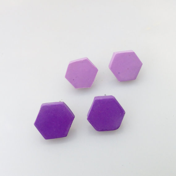 Polymer clay hexagon stud earrings, purple and lilac hexagon earrings polymer clay