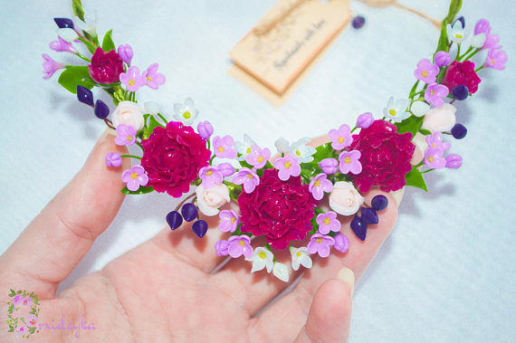 Exclusive handmade necklace with fabulous saturated purple peonies, ivory roses and lilacs. Symmetric necklace with flowers.