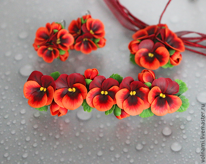 Polymer clay jewelry set with pansies - red pansies pin - red pansies earrings - red pansies pendant - flower jewelry