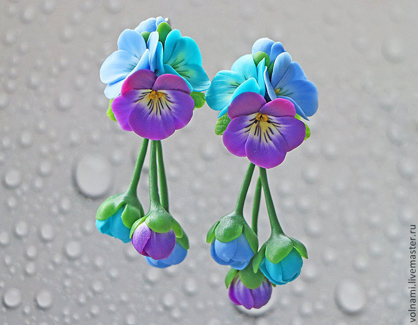 Polymer clay jewelry with pansies - mauve and turquoise pansies earrings - flower jewelry