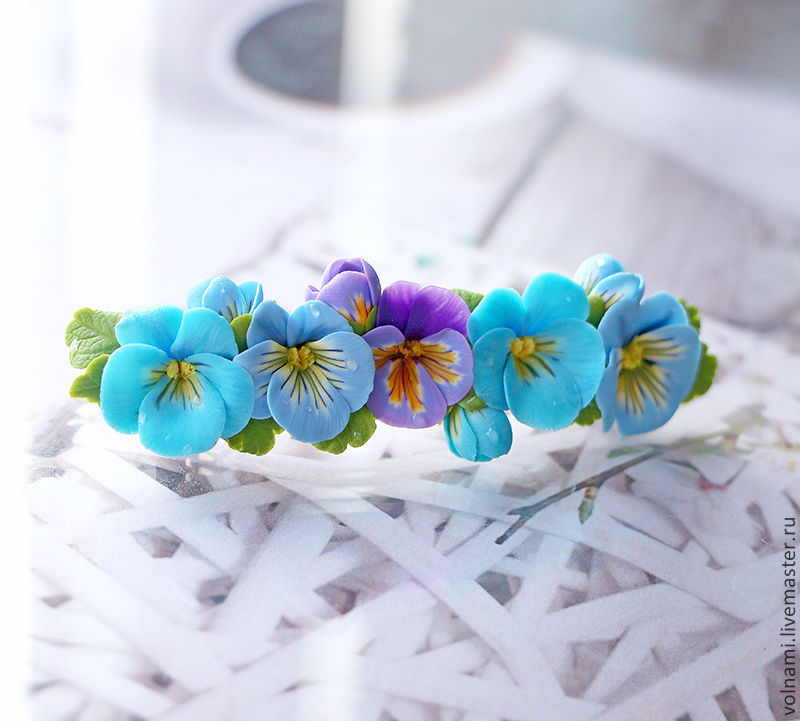 Polymer clay jewelry with pansies - mauve and turquoise pansies hair comb - flower jewelry