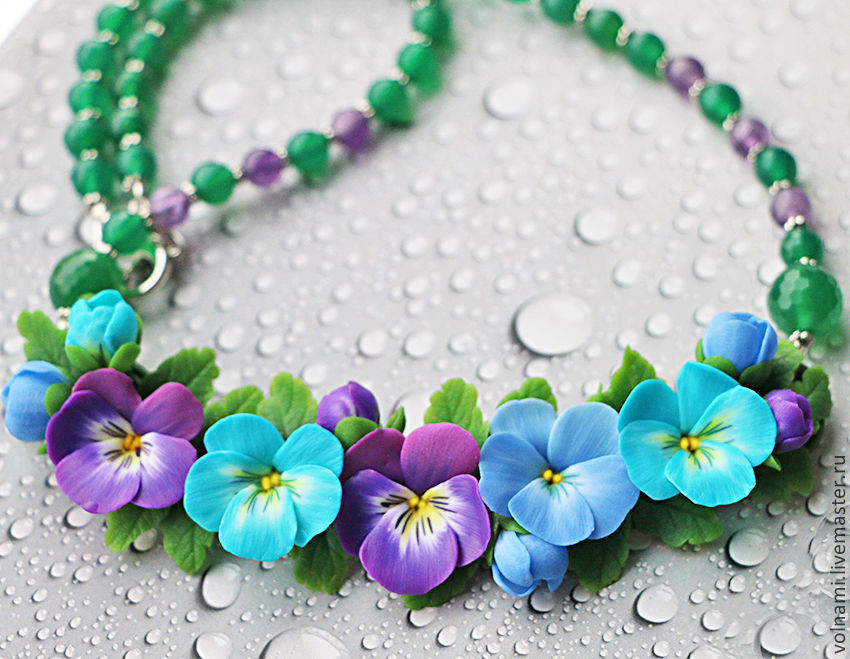 Polymer clay jewelry with pansies - mauve and turquoise pansies necklace - flower jewelry