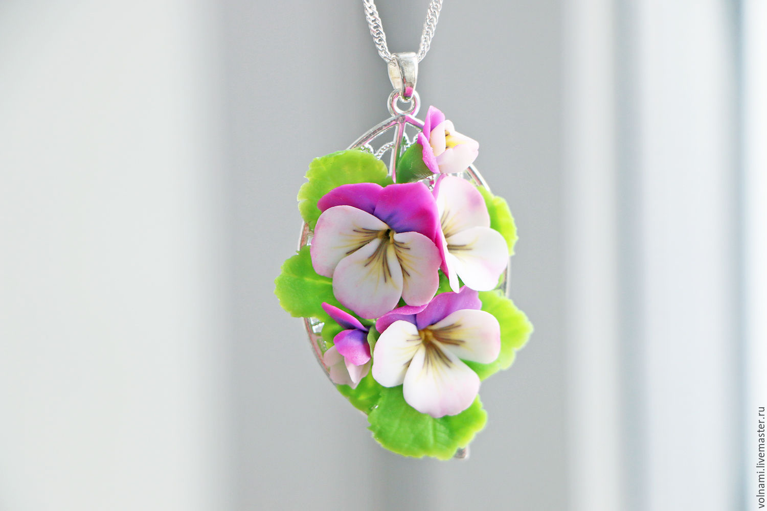 Polymer clay jewelry with pansies - mauve and white pansies pendant - flower jewelry