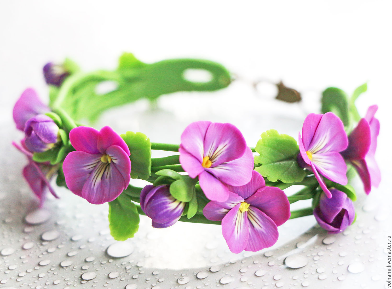 Polymer clay jewelry with pansies - purple pansies bracelet - flower jewelry