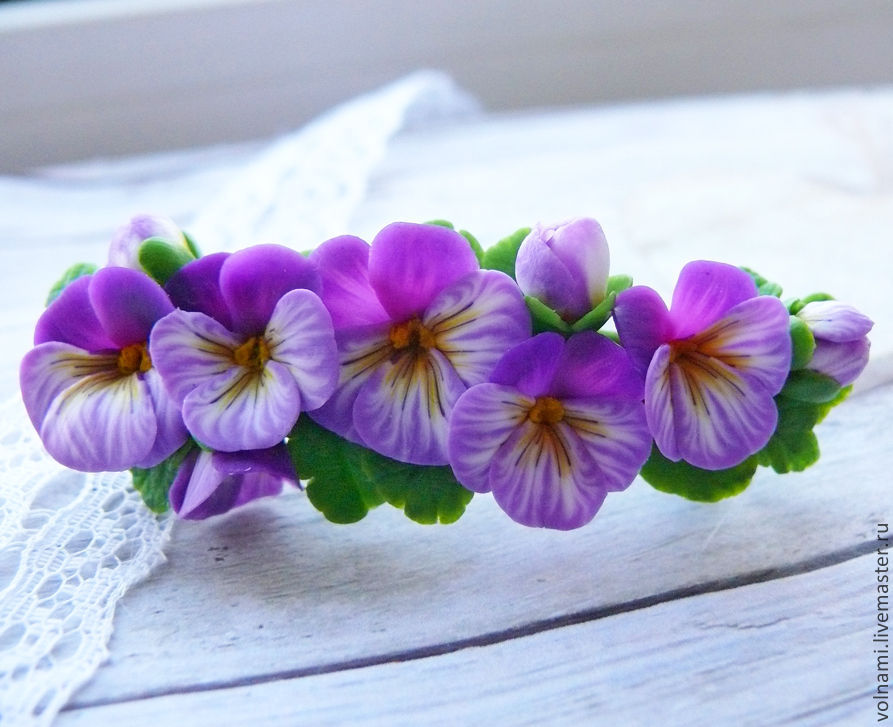 Polymer clay jewelry with pansies - purple pansies hair comb - flower jewelry