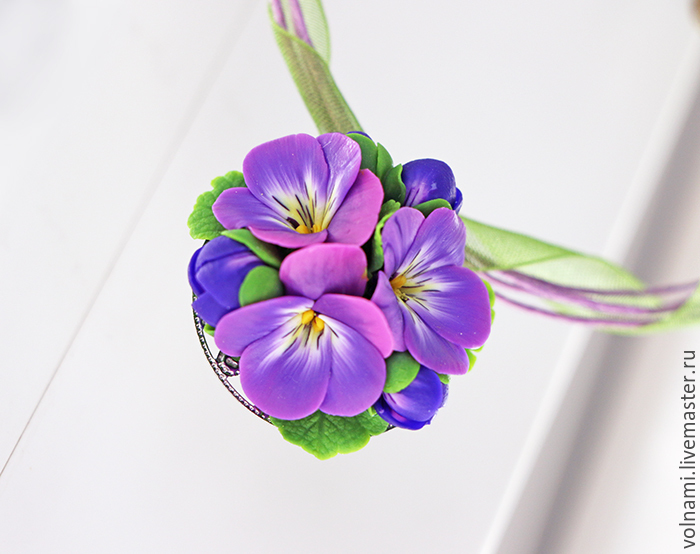 Polymer clay jewelry with pansies - purple pansies pendant- flower jewelry