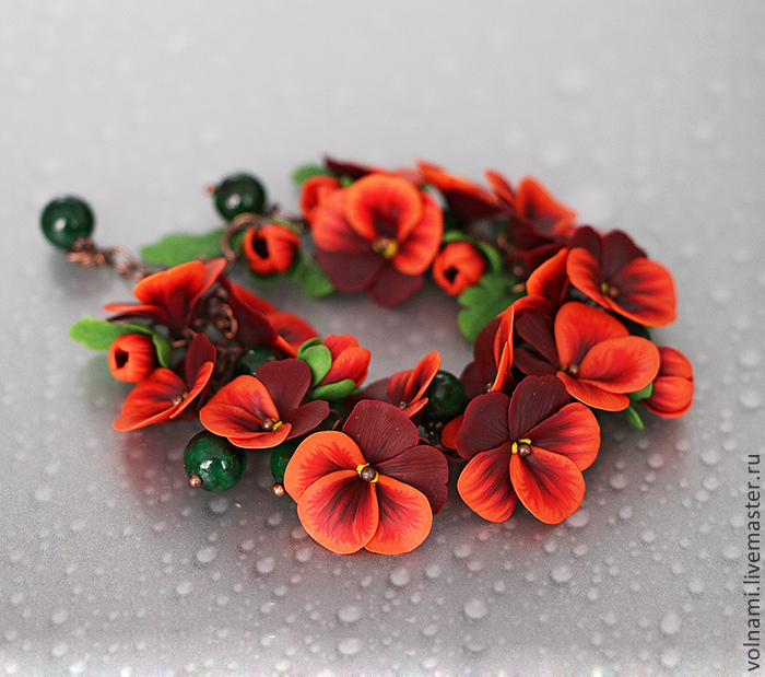 Polymer clay jewelry with pansies - red pansies bracelet - flower jewelry