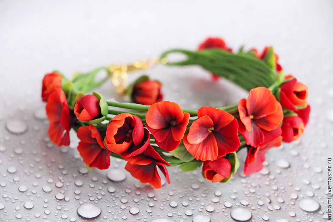 Polymer clay jewelry with pansies - red pansies bracelet - red flower jewelry