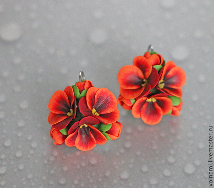 Polymer clay pansies earrings - red pansies earrings - flower jewelry