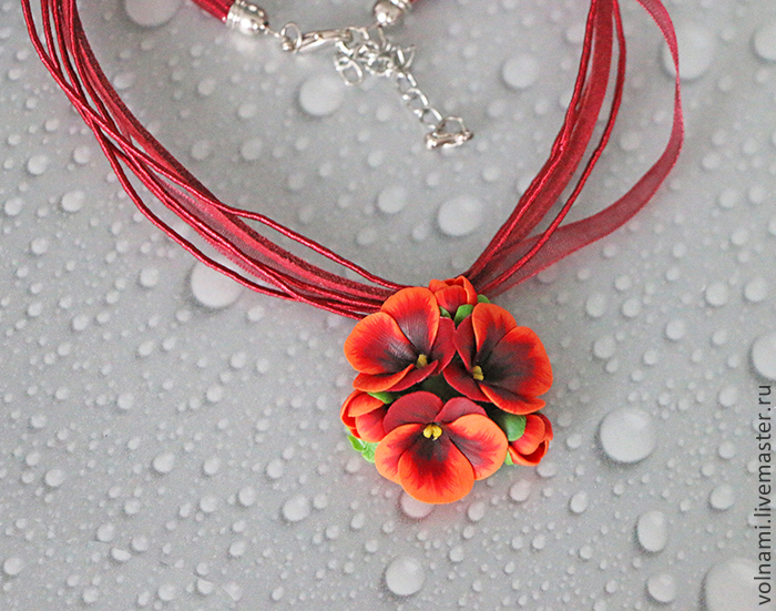 Polymer clay pendant with pansies - red pansies necklace - flower jewelry