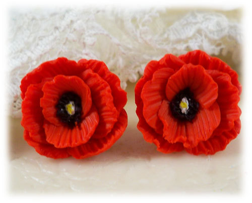 polymer clay flower, Poppy Earrings Stud or Clip On - Poppy Jewelry Collection
