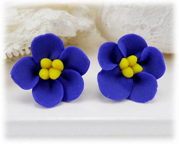 polymer clay flower, Purple African Violet Earrings Stud or Clip On - African Violet Jewelry Collection