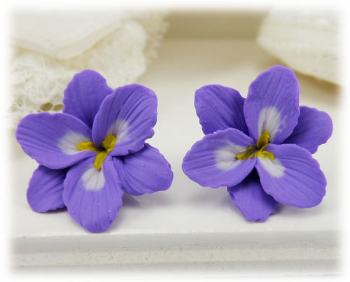 polymer clay flower, Purple Freesia Earrings Stud or Clip On