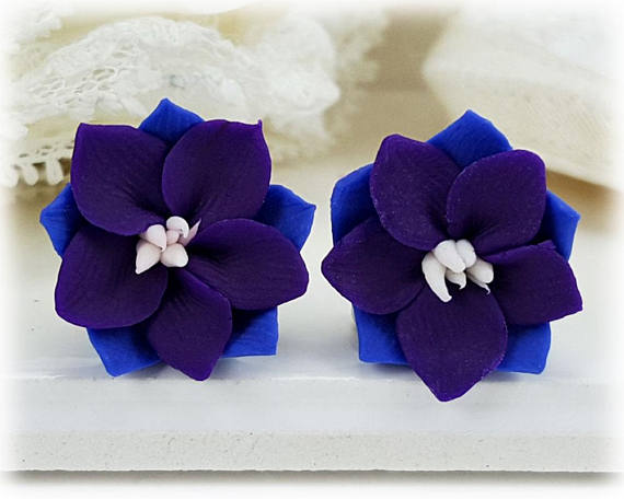 polymer clay flower, Purple Larkspur Earrings Stud or Clip On - Larkspur Jewelry Collection, July Birthday Birth Flower