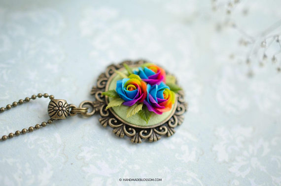 Polymer clay rainbow rose jewelry, Rainbow roses pendant, Miniature flowers pendant, Handmade tiny floral necklace, Multicolor rose jewelry, Handmadeblossom