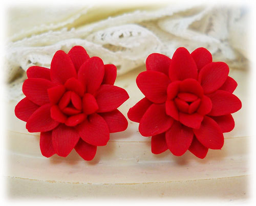 Polymer clay flower earrings stud or clip on, Red Dahlia Earrings Stud or Clip On - Dahlia Jewelry Collection, polymer clay flower,