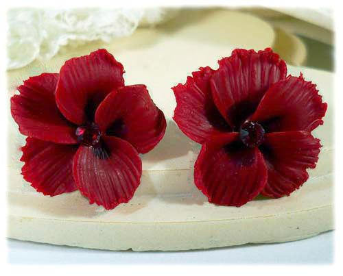 polymer clay flower, Red Hibiscus Earrings Stud or Clip On - Hibiscus Jewelry Collection