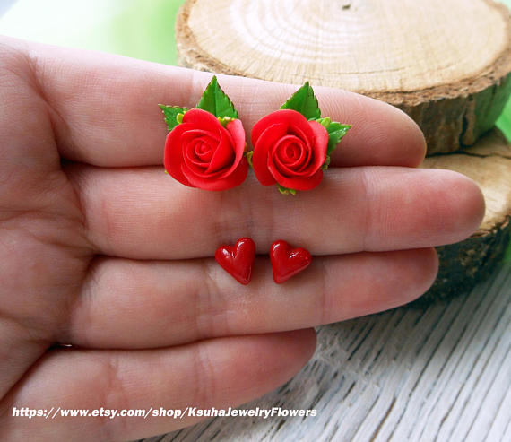 Red Rose earrings Heart stud earrings Set stud earrings Valentine jewelry heart earrings Roses stud earrings Bridesmaid gift Cute earrings