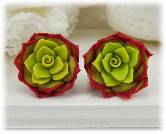 polymer clay flower, Red Succulent Earrings Stud or Clip On - Red Succulent Jewelry Collection
