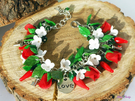 Red White Charm Bracelet Red roses White lilac Red pepper Love bracelet polymer clay flowers Romantic bracelet gift for girlfriend