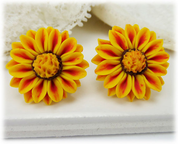 polymer clay flower, Red and Yellow Gazania Earrings Studs - Red Stripe Gazania Jewelry Collection