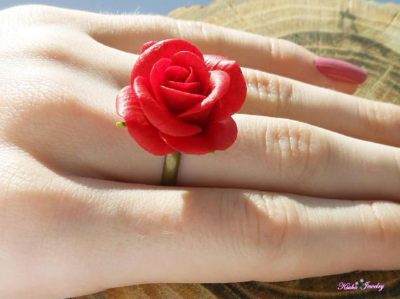 Ring Red Rose Flower ring Jewelry polymer clay flowers Rose Ring Romantic gift for her Floral ring Gift for girlfriend Gift for sister