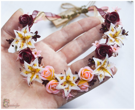 Exclusive handmade flower necklace with fabulous peach and vine roses, white lilies.