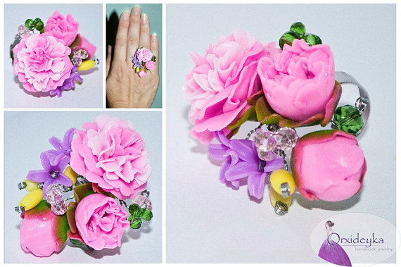 Exclusive handmade flower ring with fluffy pink peonies, lilacs and beads. Perfect to match dresses and your smile.