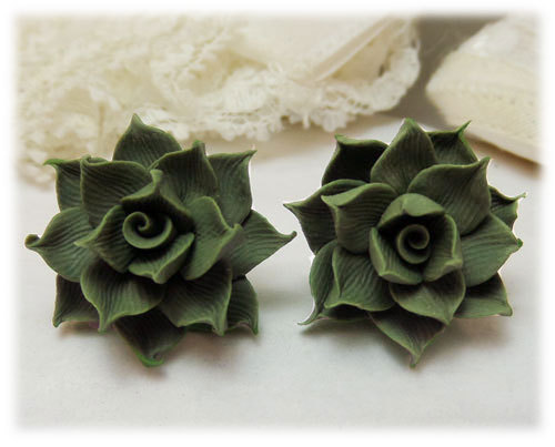 polymer clay flower, Succulent Earrings Stud or Clip On - Succulent Jewelry Collection