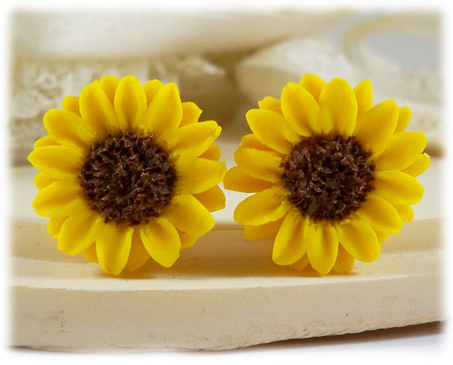 polymer clay flower, Sunflower Earrings Stud or Clip On - Sunflower Jewelry Collection