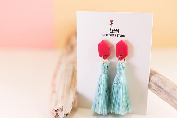 Turquoise tassel earrings, cherry tomato statement earrings, elegant silky tassels, drop dangle earrings, handmade lovely jewelry